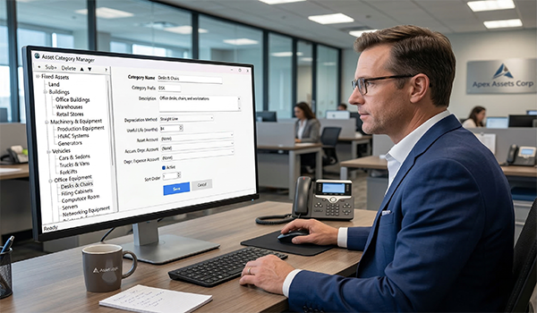 AccuArk© Asset Management interface showing fixed asset tracking and depreciation tools