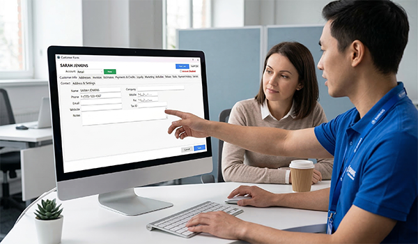 AccuArk© CRM interface showing customer profiles and sales pipeline management