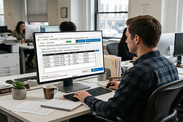 AccuArk© Employee Management interface showing HR, payroll, and scheduling tools