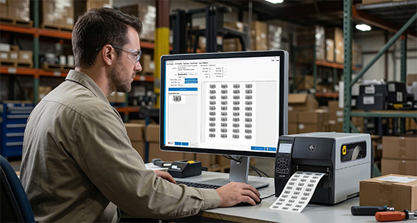 AccuArk© Tools and Printing interface showing barcode labels, check printing, and ID card design